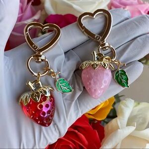 Strawberry Heart Keychain Bag Charms Set of 2 Pink & Red Acrylic Gold Tone NWT